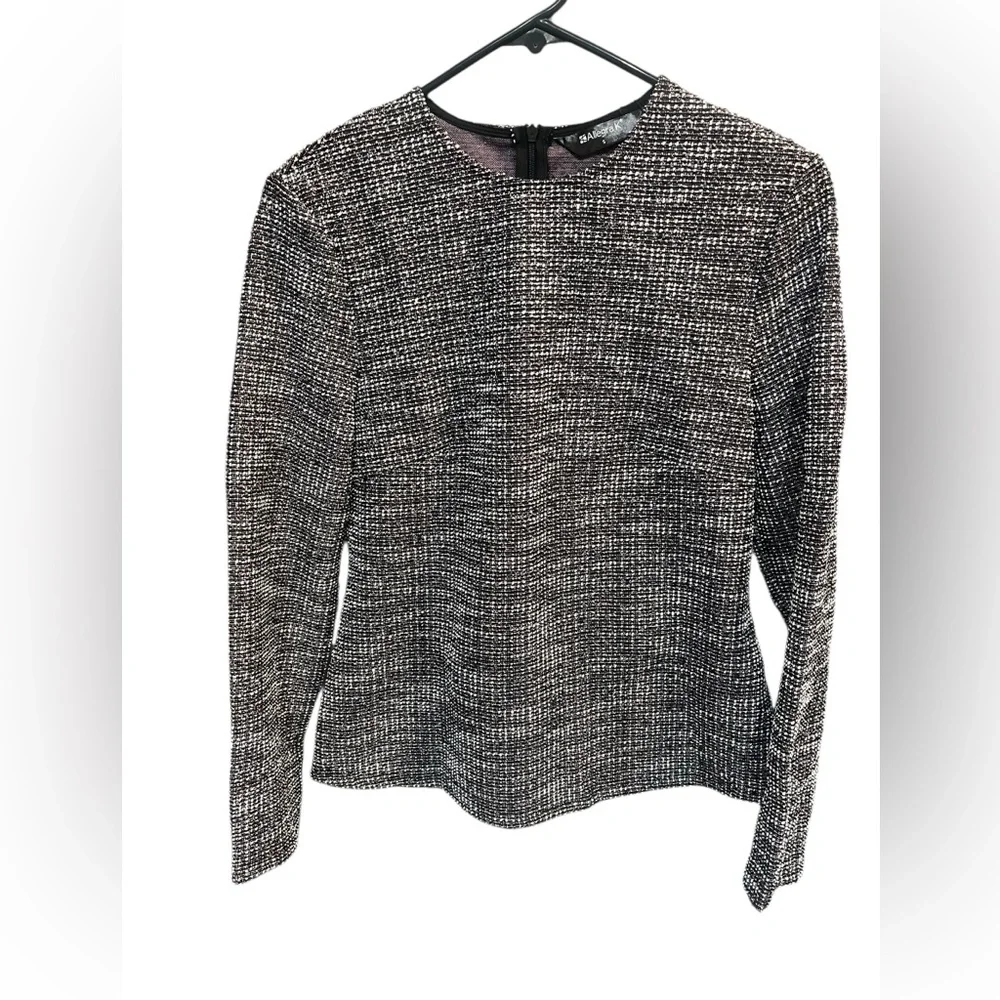 NWT Allegra K Tweed Zipper Back Long Sleeve Crew Neck Blouse - Pink/Black-Small - Picture 6 of 9